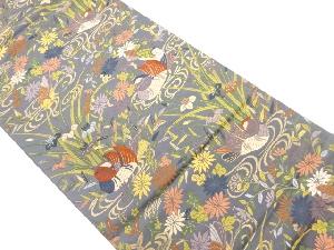 鴛鴦に流水・草花模様織出し袋帯